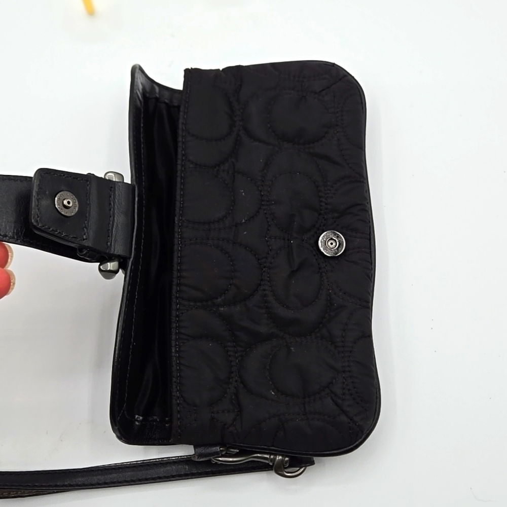 COACH Wristlet Puffer Black Material w/ Signature C Print Chrome Belt Closure - Picture 6 of 9
